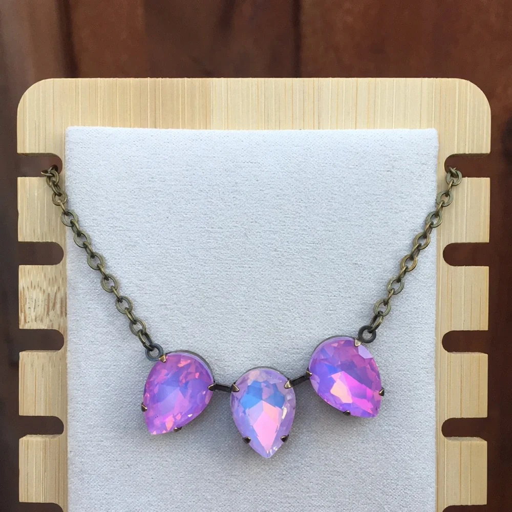 Purple + Pink Opal Aurora Borealis Antique Brass Pear Crystal Necklace